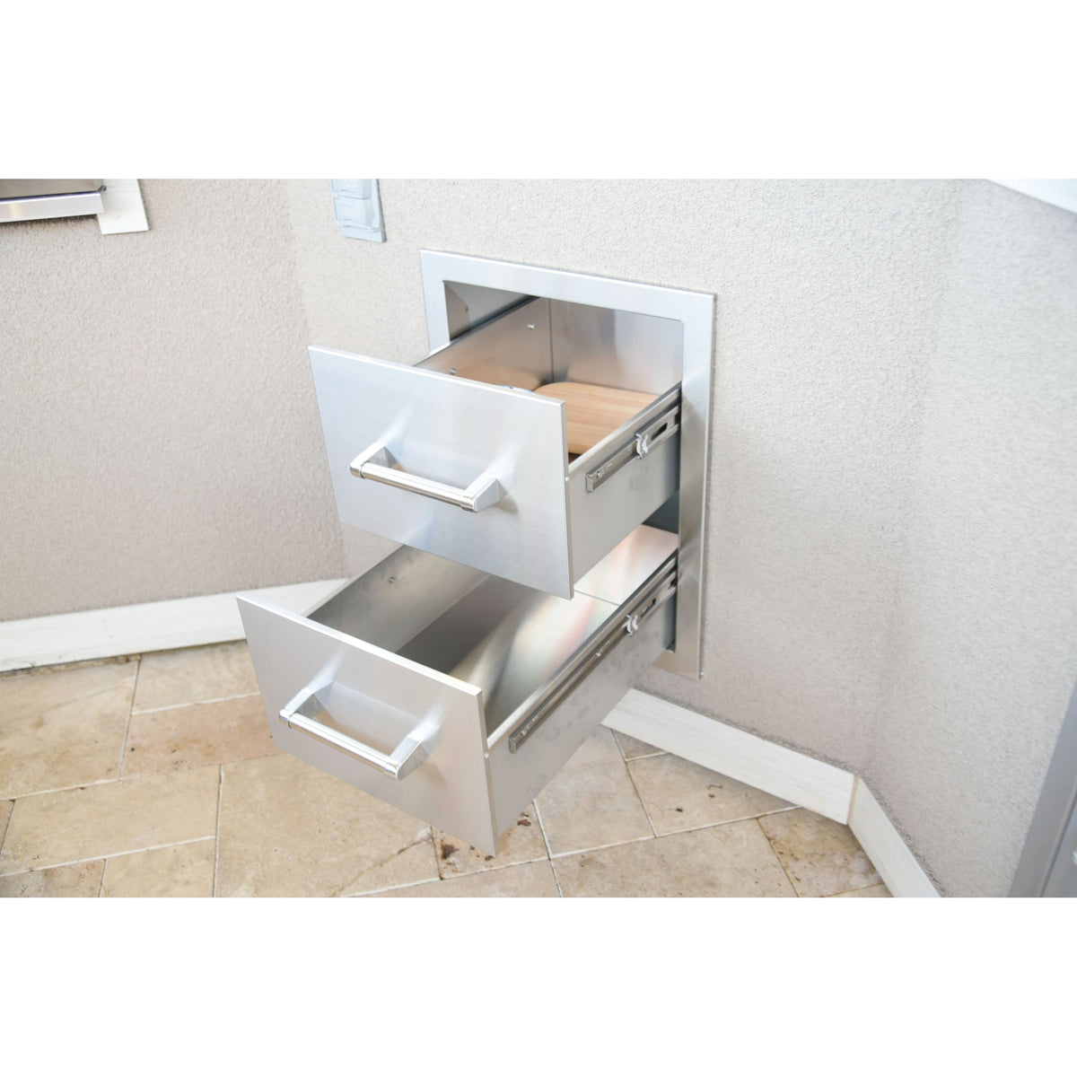 Kokomo double drawer installed, drawer open