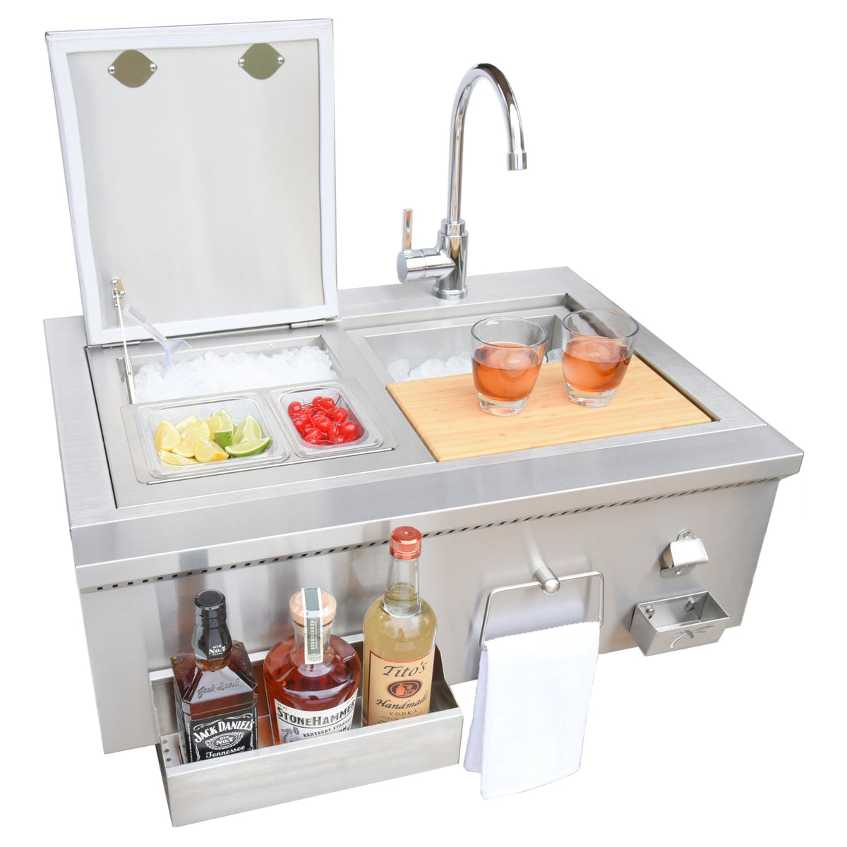 Kokomo 30" cocktail station with lid open, condiment tray and speed rail