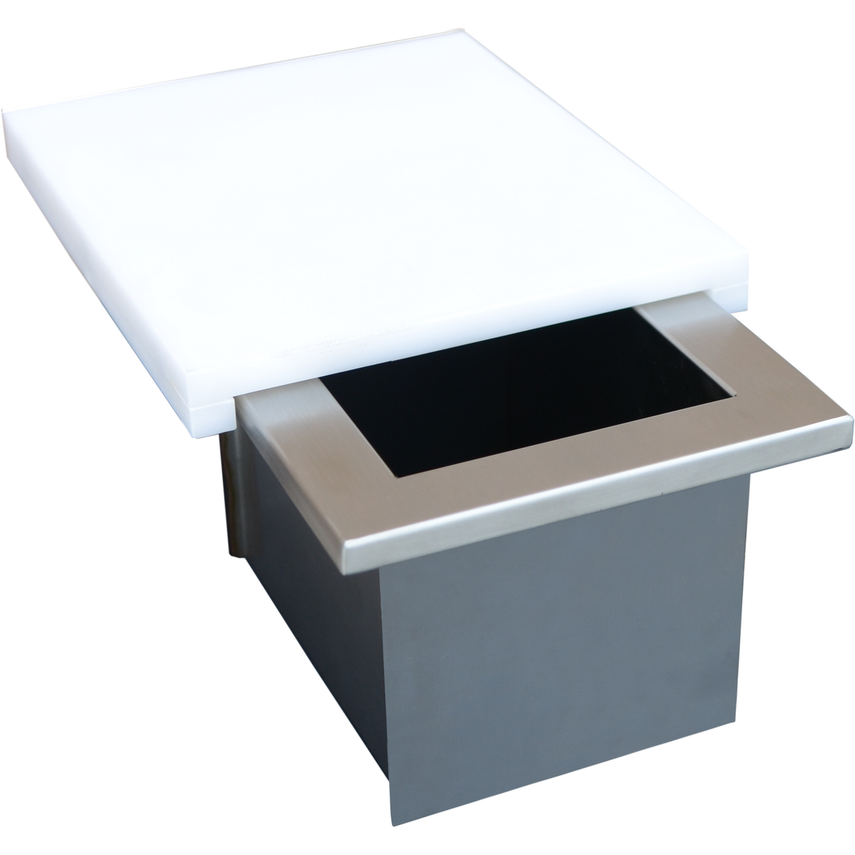 Kokomo trash chute with the cutting board lifted