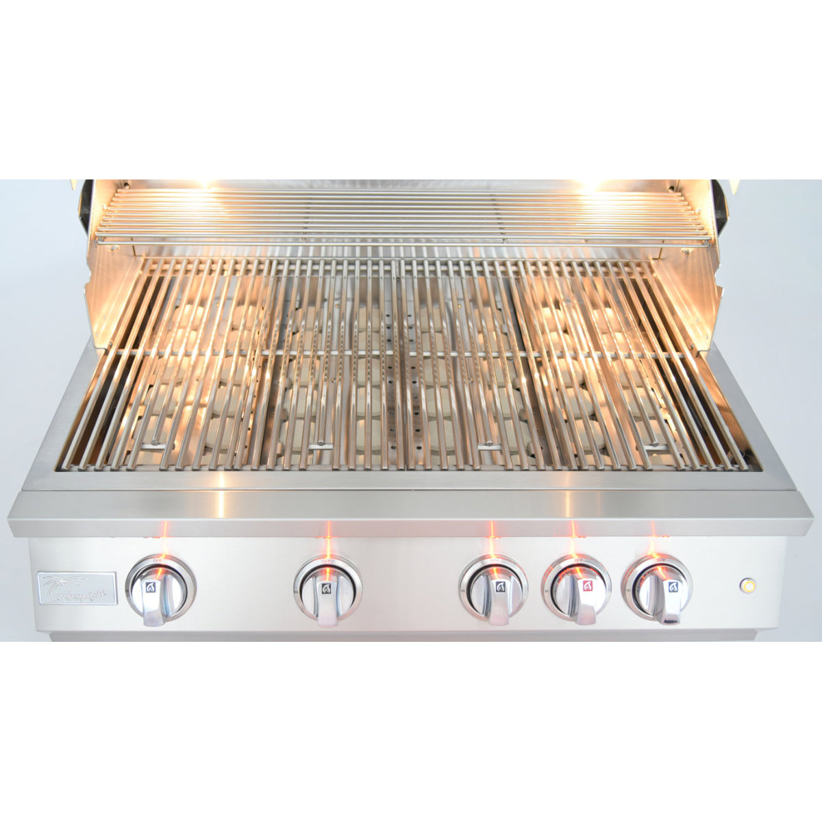 Kokomo 32" PRO grill front view with grates in place and lights on