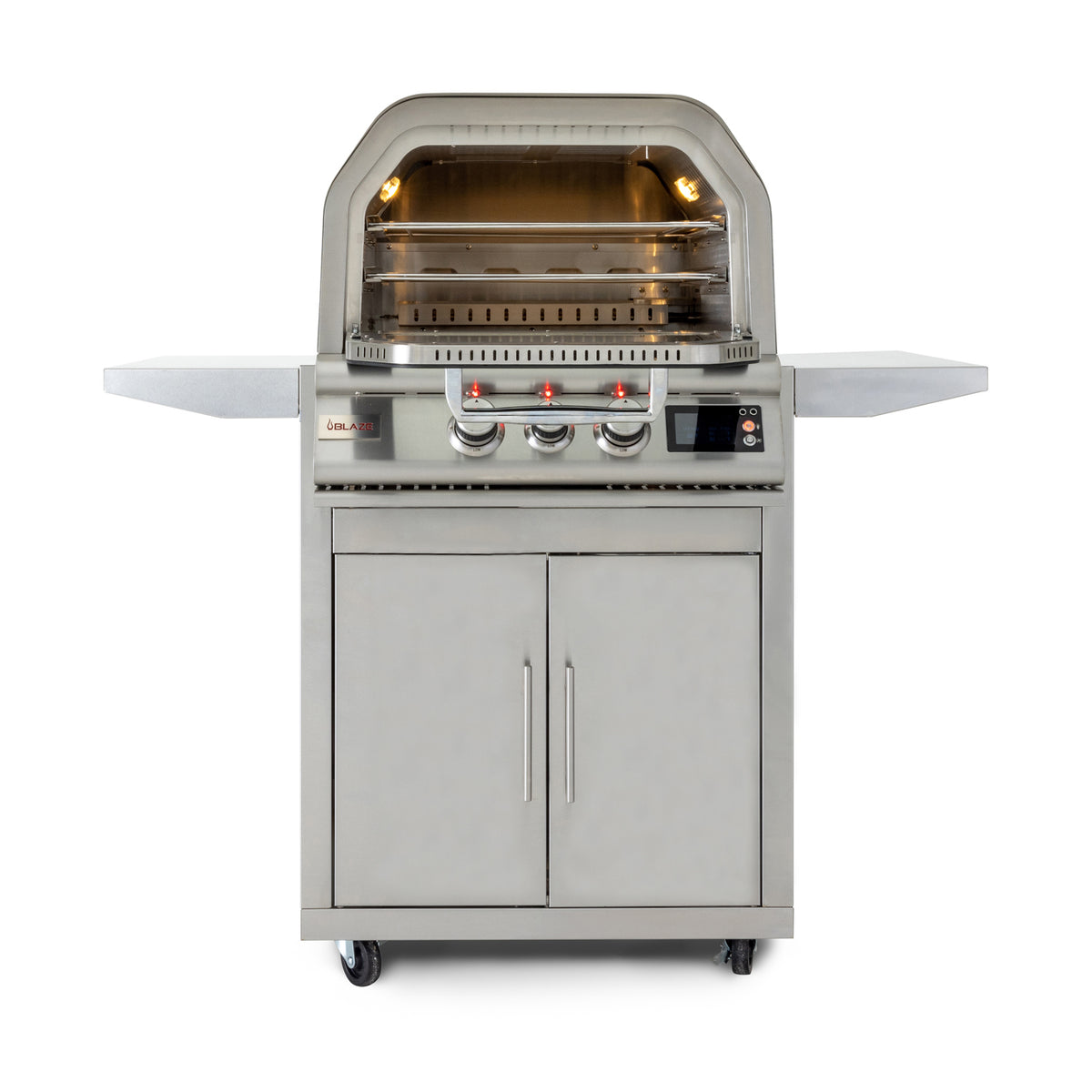 Blaze 26" outdoor oven on cart with door open, front view