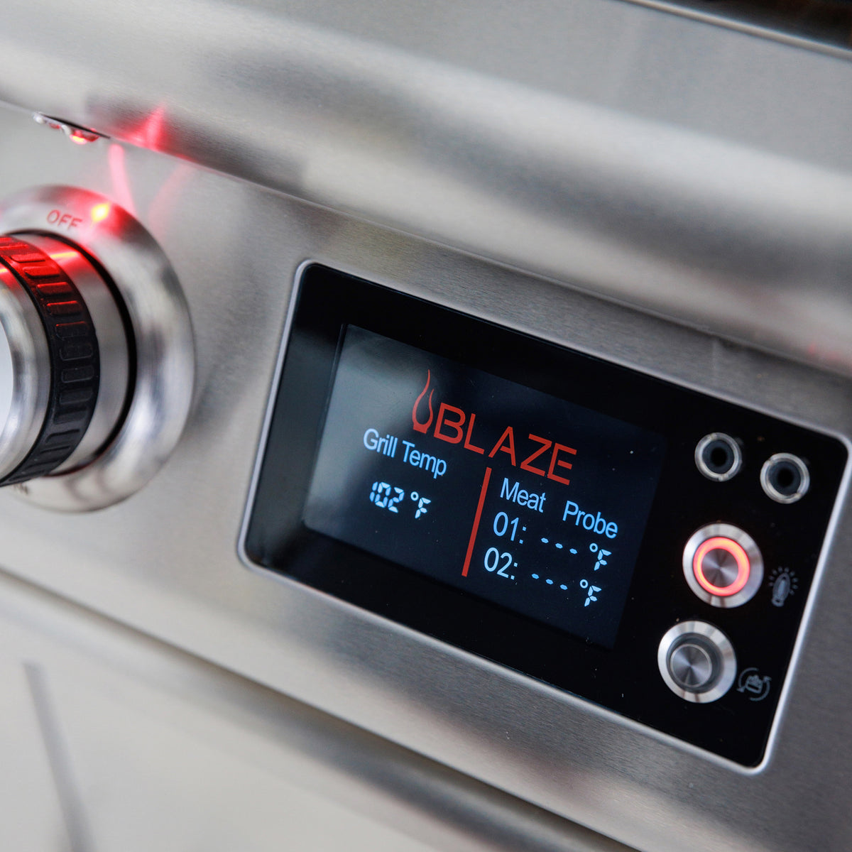 Blaze 26" outdoor oven control panel with LED-lit knobs, view 3