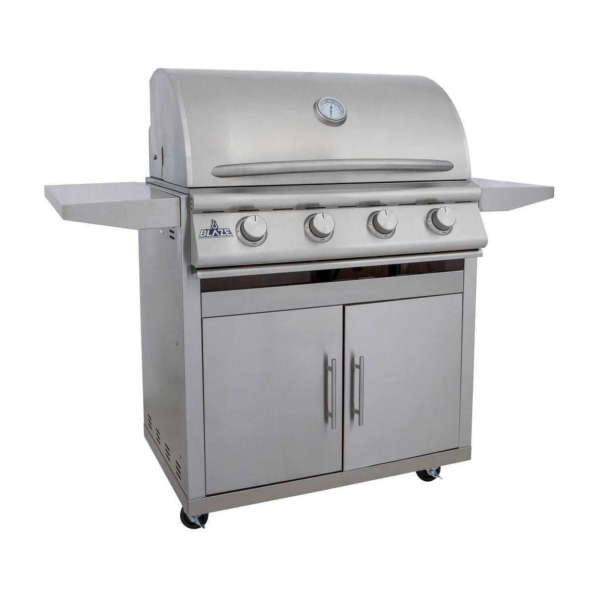 Blaze BCM 32" gas grill on stainless cart, angled view