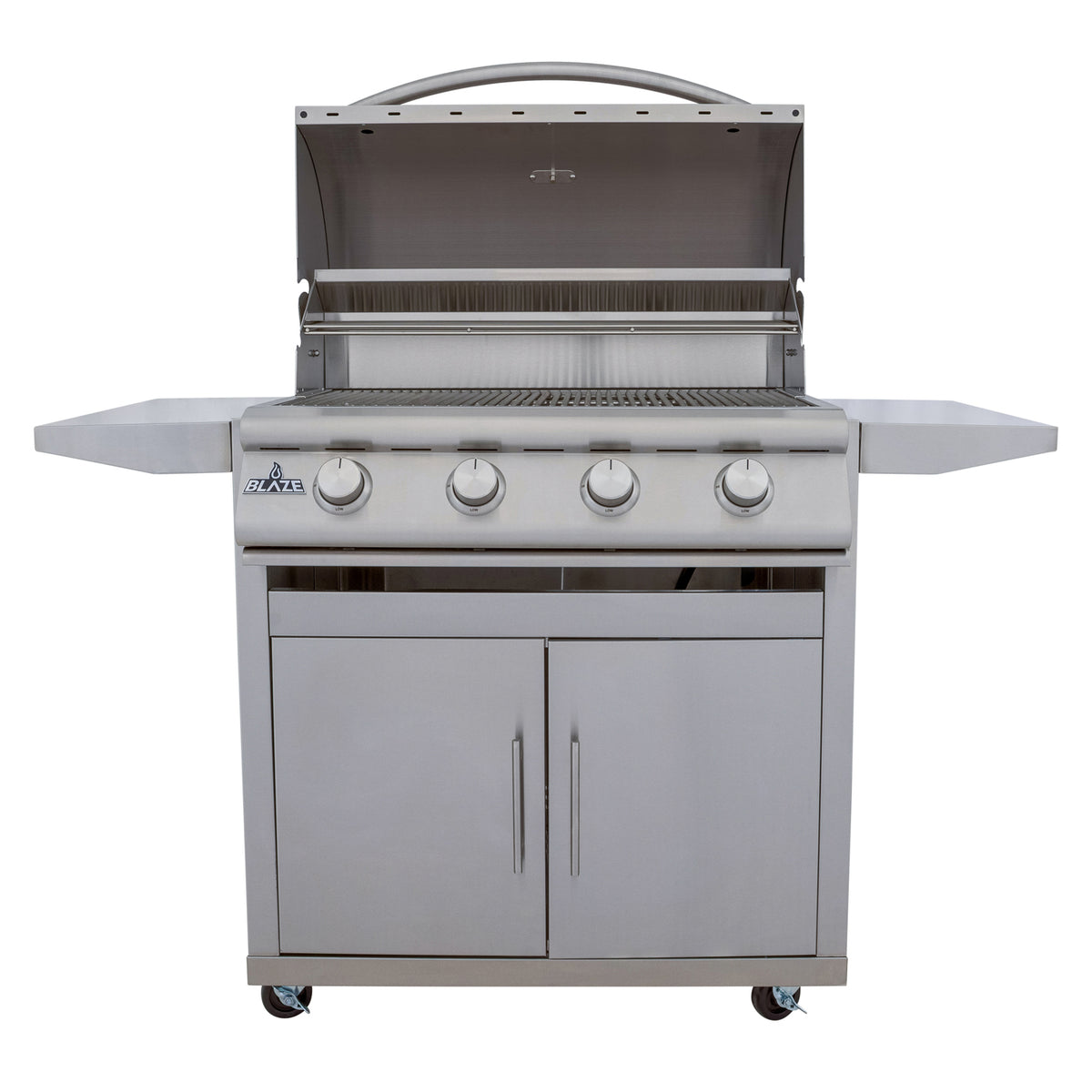 Blaze BCM 32" gas grill on stainless cart with hood open