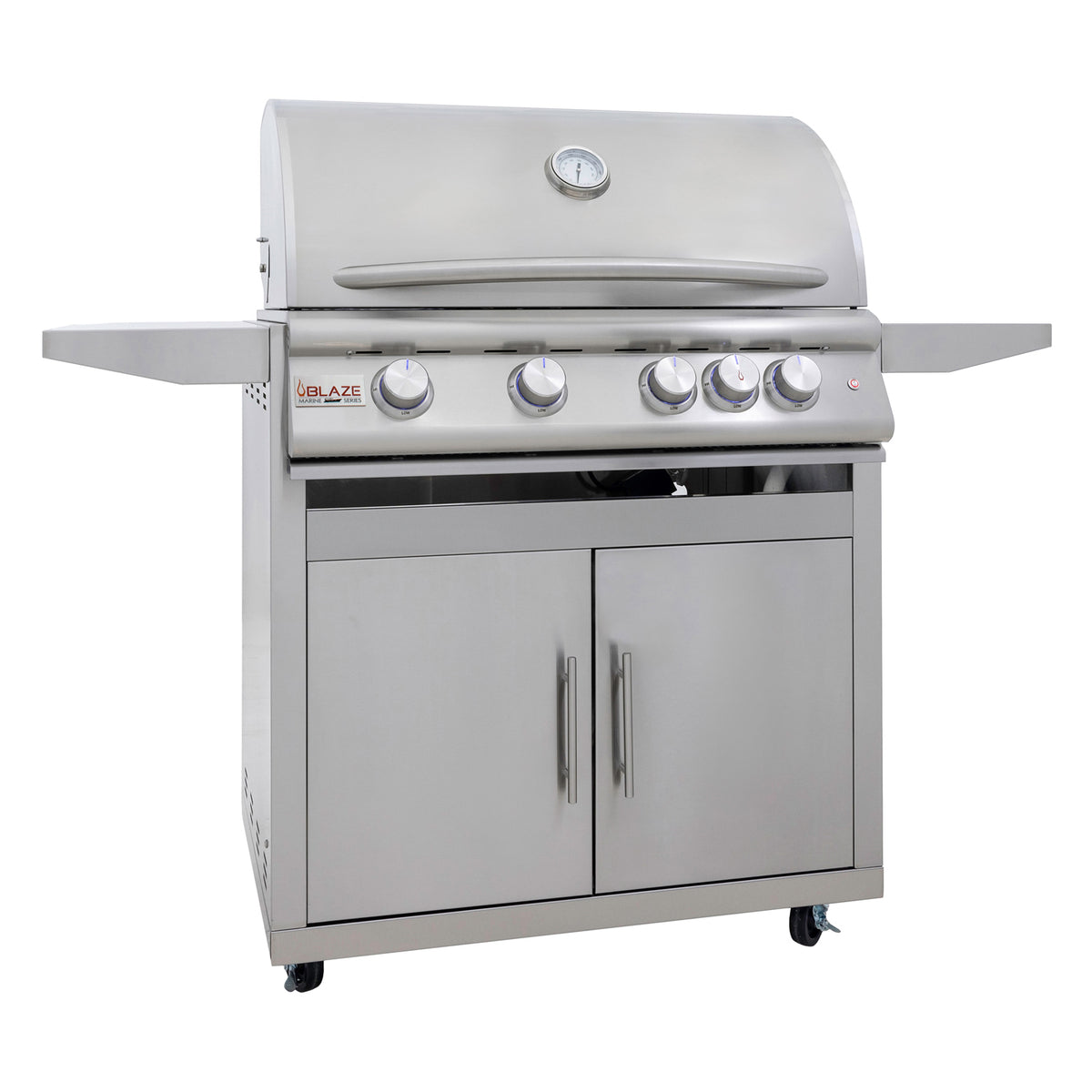 Blaze LTE+ Marine Grade 32" gas grill on 316L stainless cart, three-quarter view