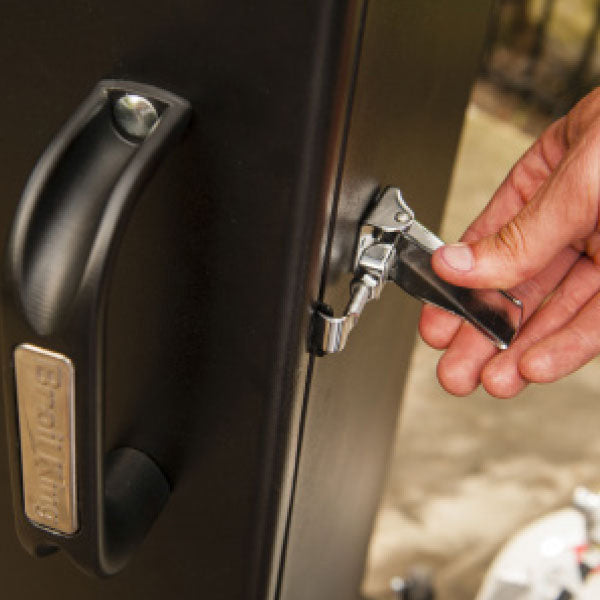 Broil King Vertical Charcoal Cabinet Smoker Cabinet lock close up