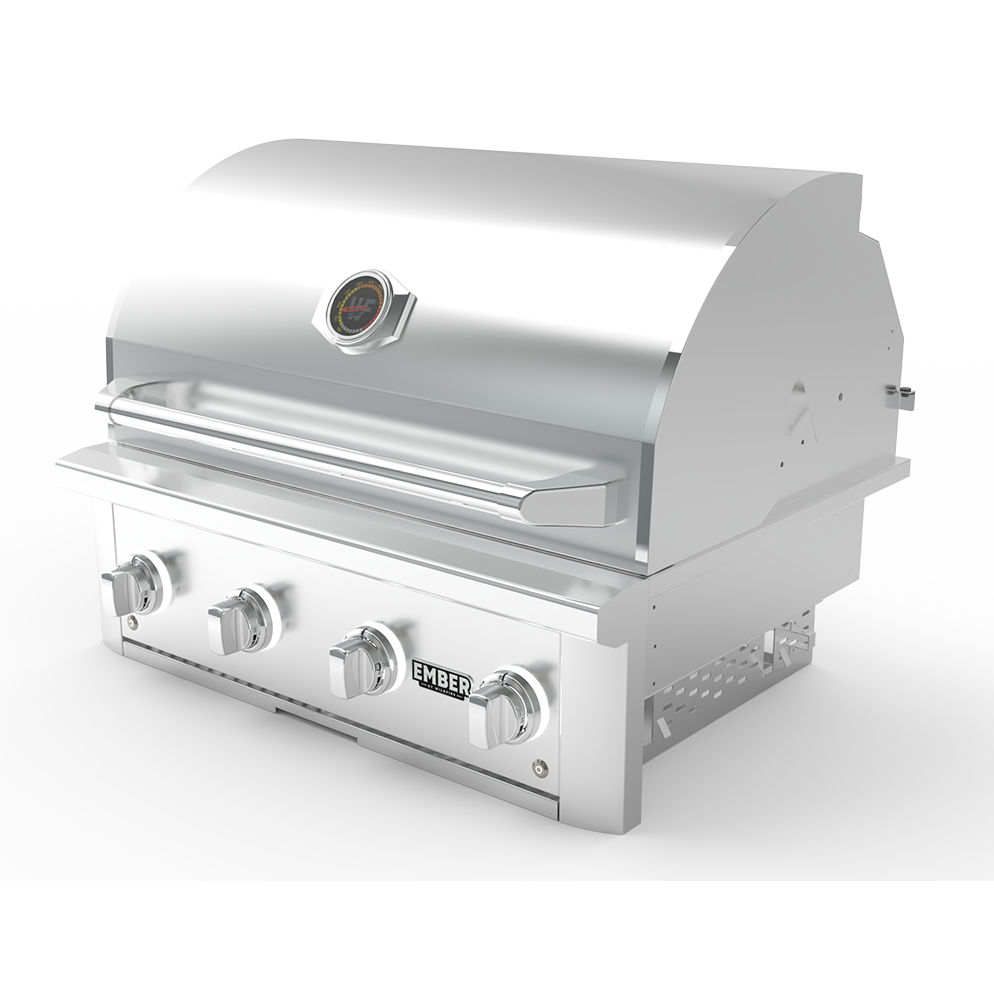Wildfire Ember 32" built-in gas grill, stainless steel with chrome knobs, angled