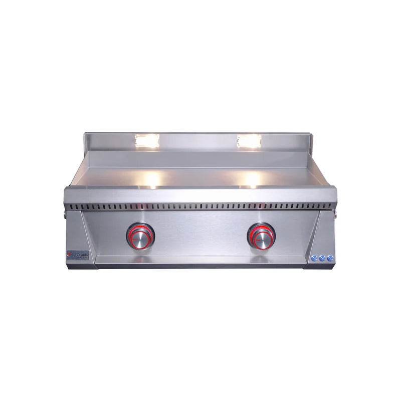 Le Griddle Pro Series 75 30" gas griddle (OML75P3) – front view with red LED knobs and halogen lights on