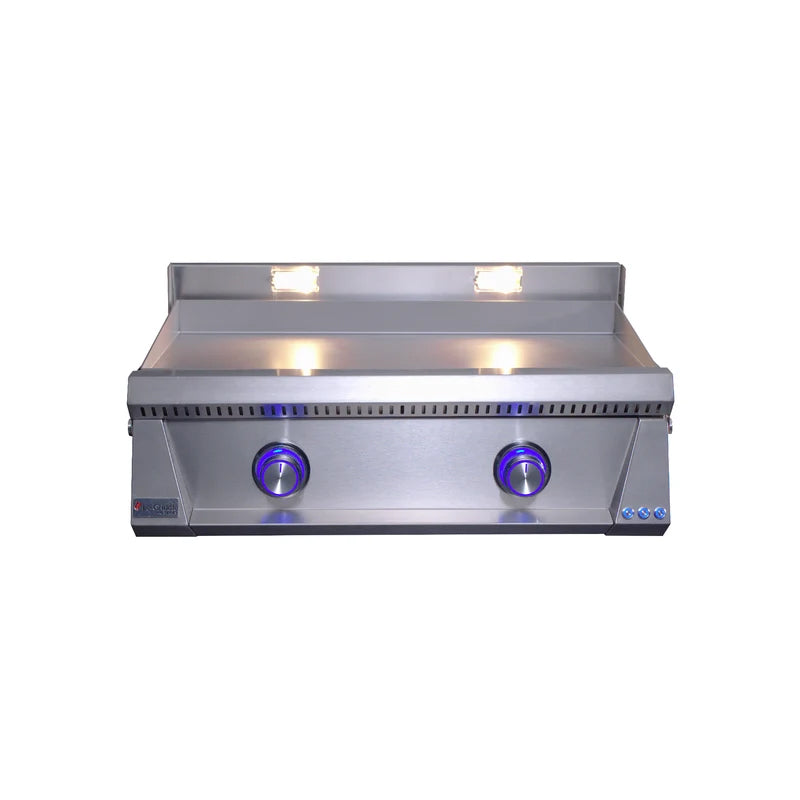 Le Griddle Pro Series 75 30" gas griddle (OML75P3) – front view with blue LED knobs and halogen lights on