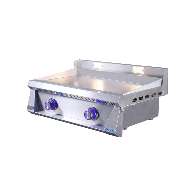 Le Griddle Pro Series 75 30" gas griddle (OML75P3) – side view with blue LED knobs lit