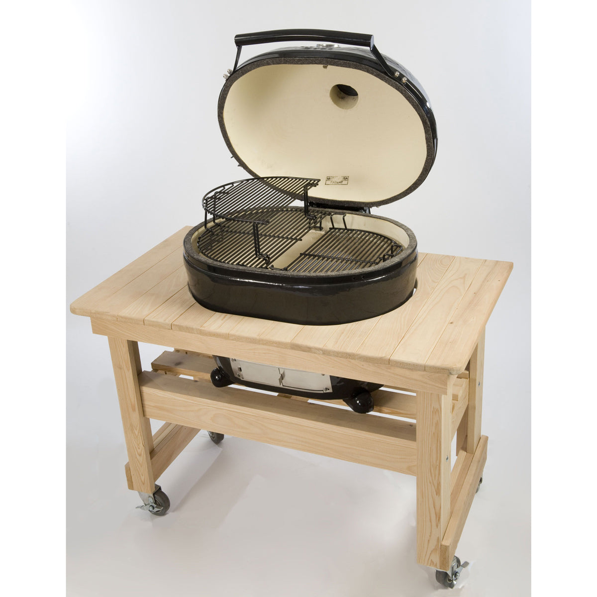 Primo Oval XL 400 Ceramic Kamado Charcoal Grill with Cypress Table Side View