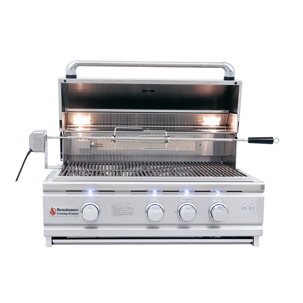 RCS Cutlass Pro 30 in Built In Gas Grill front open with rotisserie
