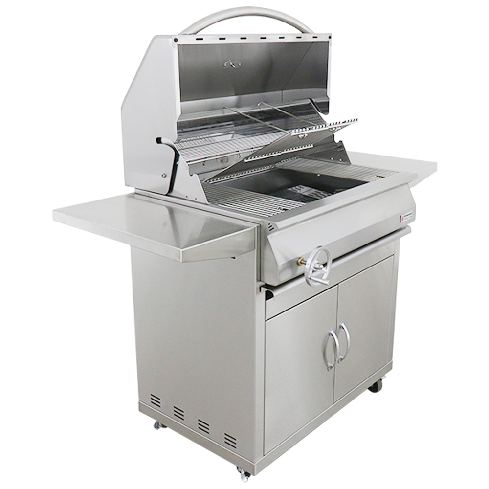RCS Premier 32 in Charcoal Grill with cart front angle with lifted grate
