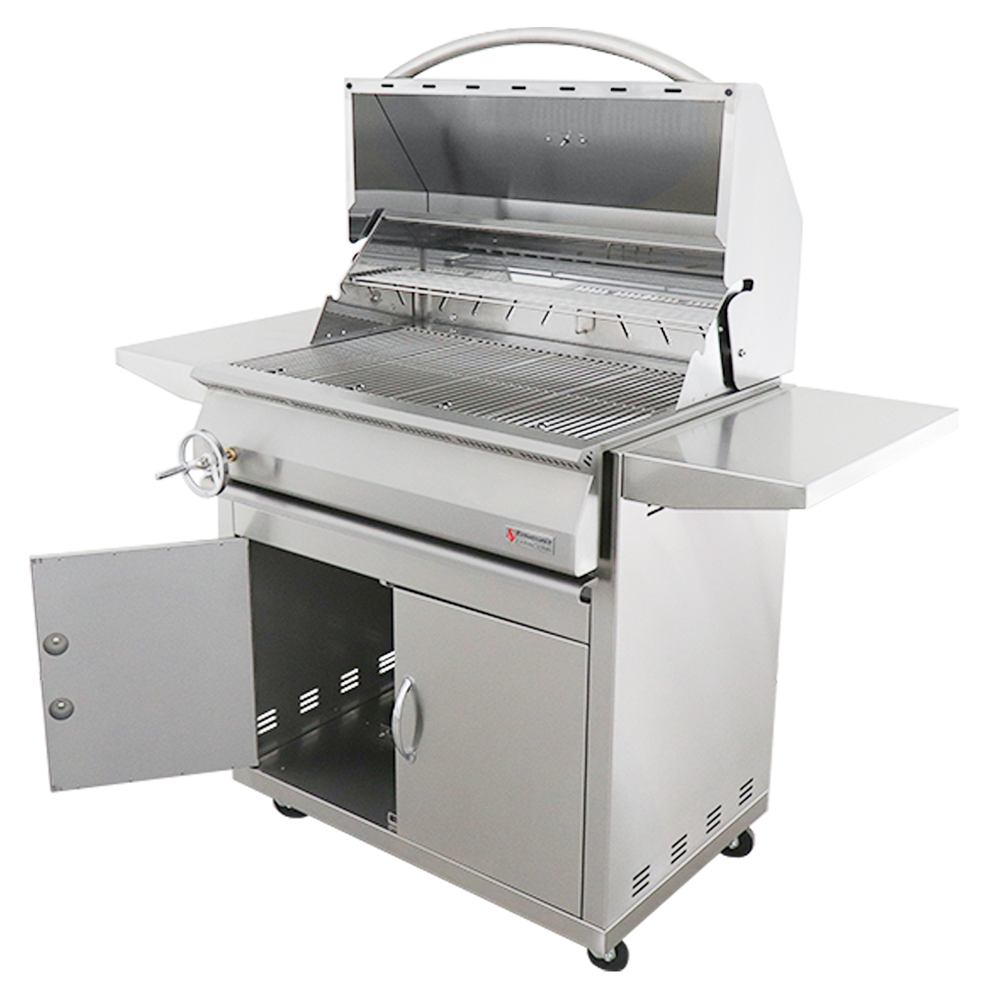 RCS Premier 32 in Charcoal Grill with cart front left angle open with cabinet doors open