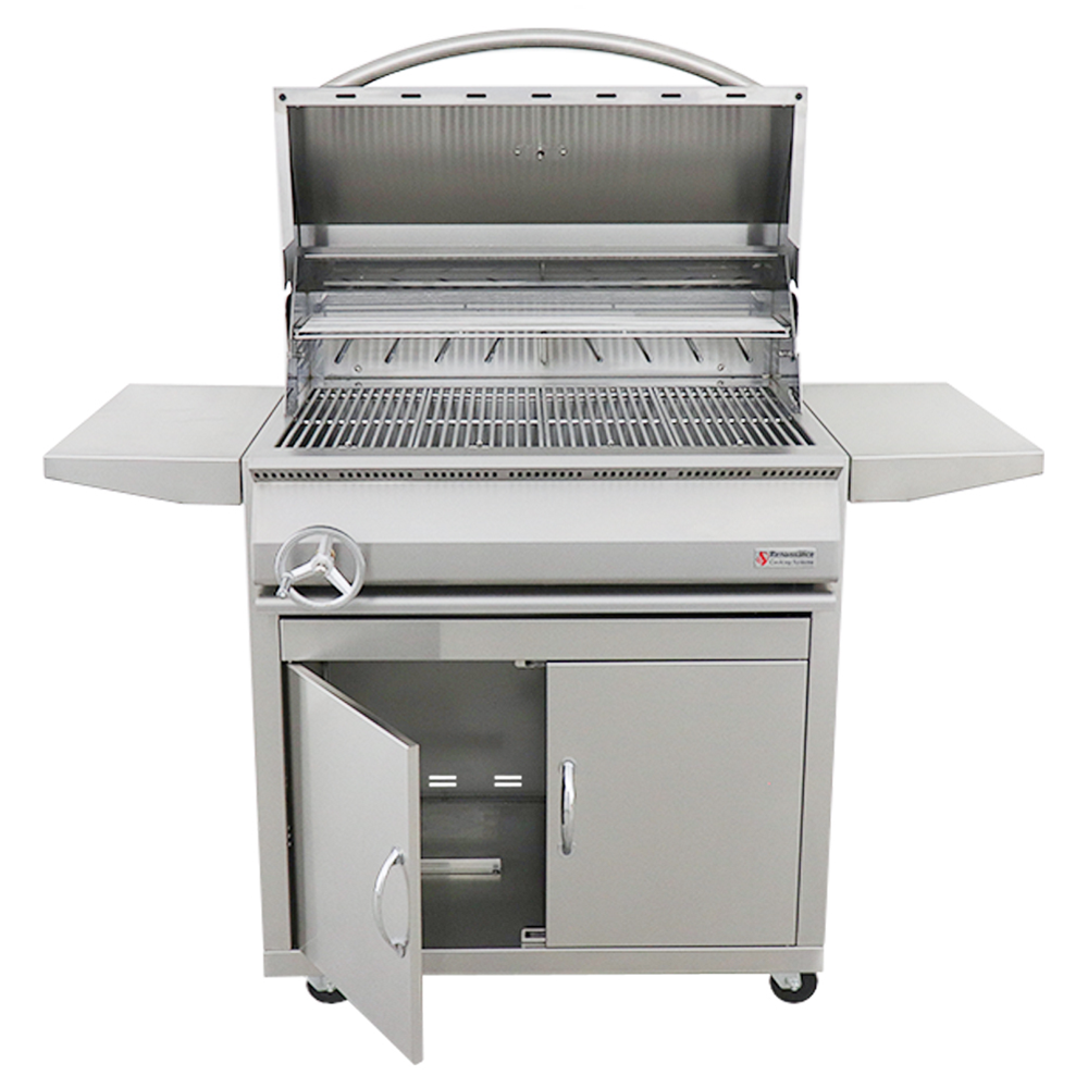 RCS Premier 32 in Charcoal Grill with cart front open with cabinets open