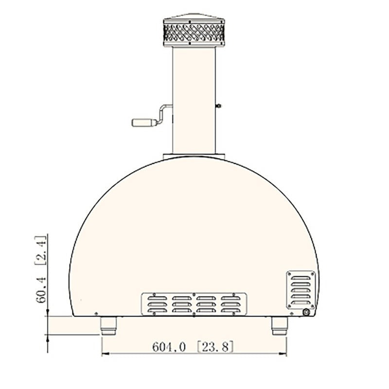 Summerset Hybrid pizza oven dimension drawing, front with chimney