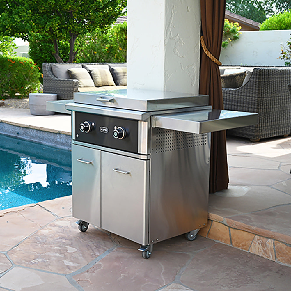 Wildfire Outdoor Living The Ranch Pro 30 inch Griddle Free Standing Cart Lifestyle by pool angle close up