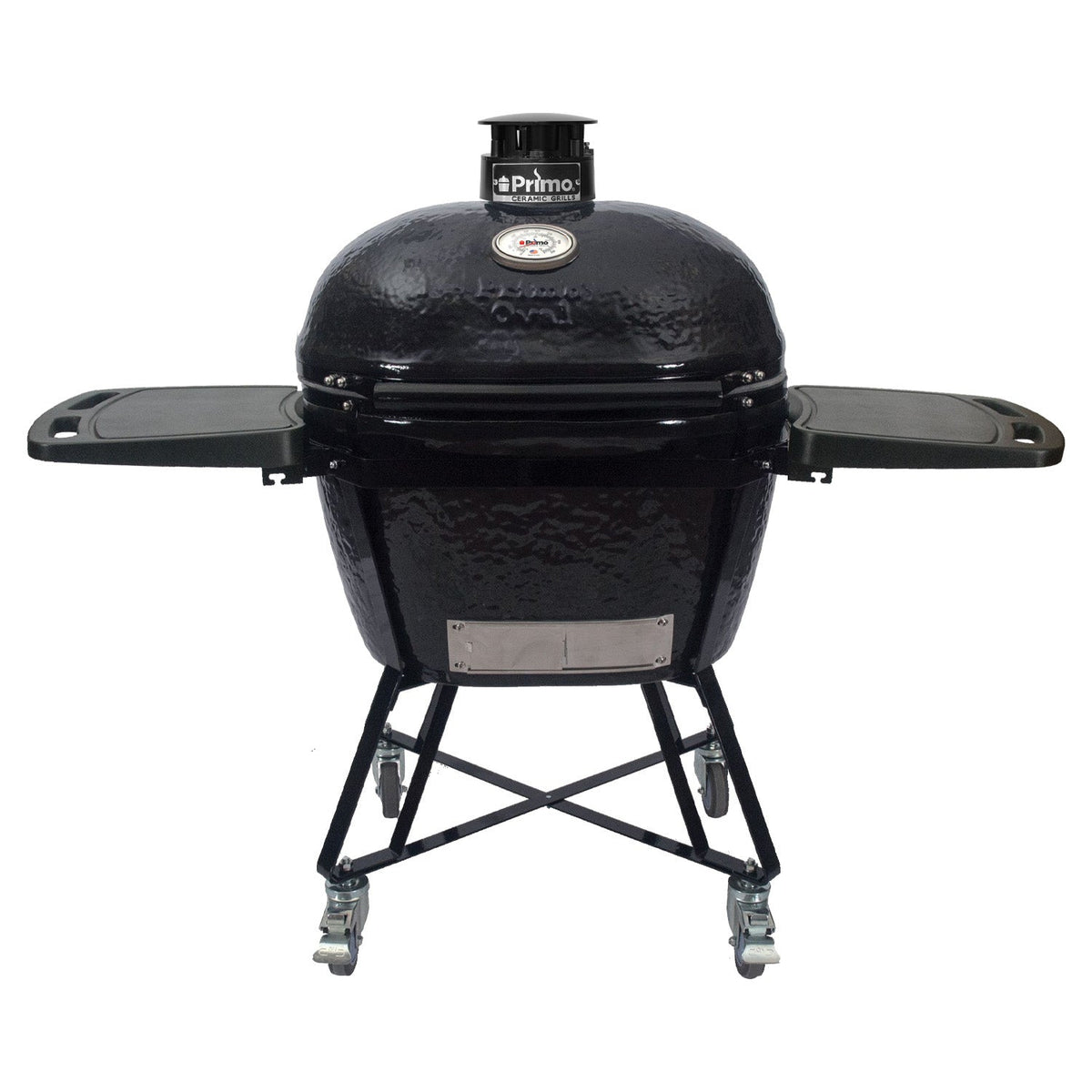 Primo cradle with removable side tables and locking casters, shown with XL grill