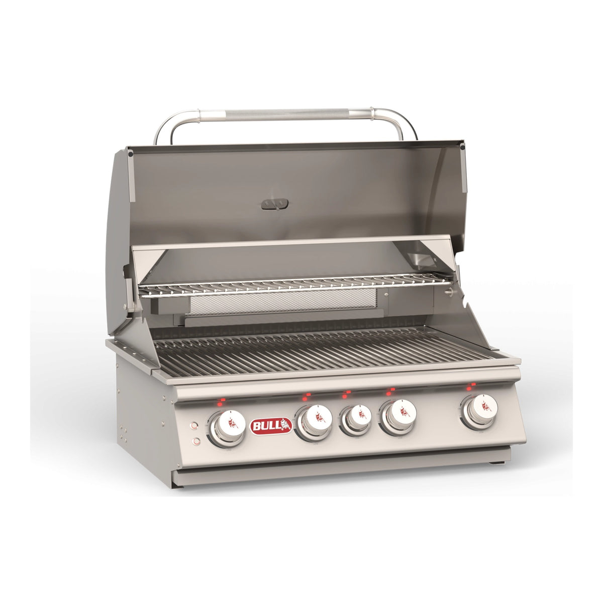 Bull Angus 30" 4-Burner Built-In Gas Grill – next-generation design, lid open, angled view