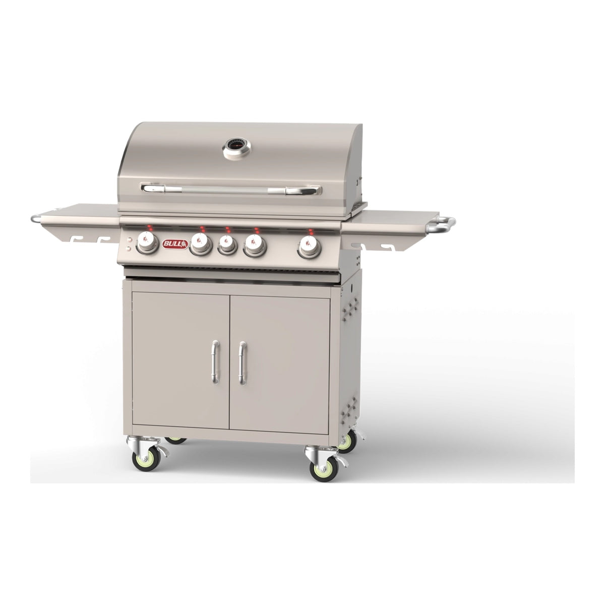 Bull Angus 30" 4-Burner Gas Grill with Cart – next-generation design, lid open, angled view