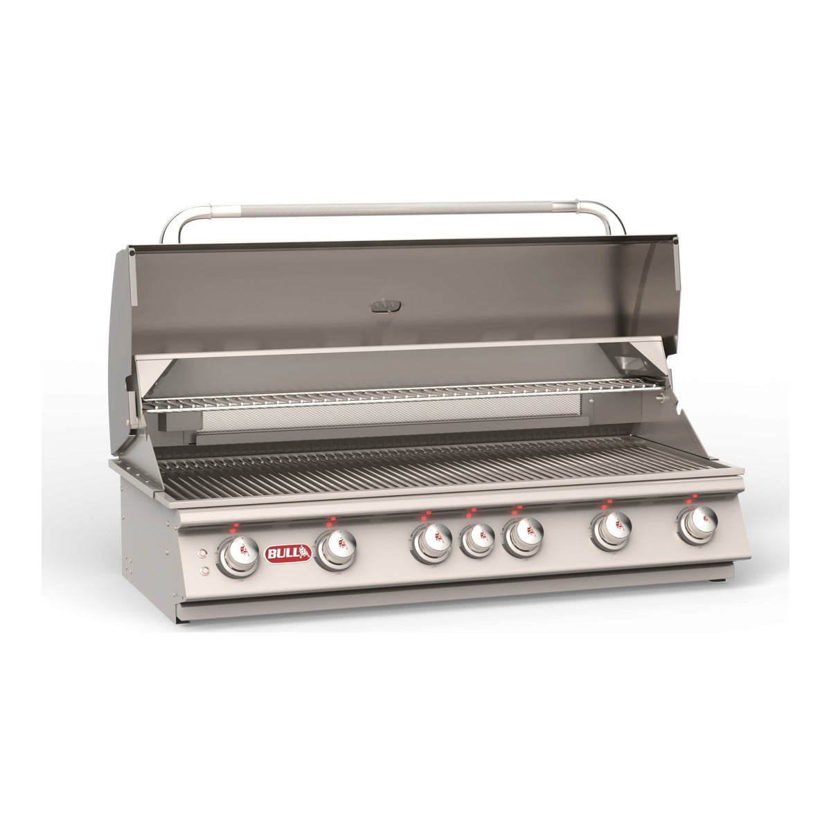 Bull Diablo 46" 6-Burner Built-In Gas Grill – next-generation design, lid open, angled view