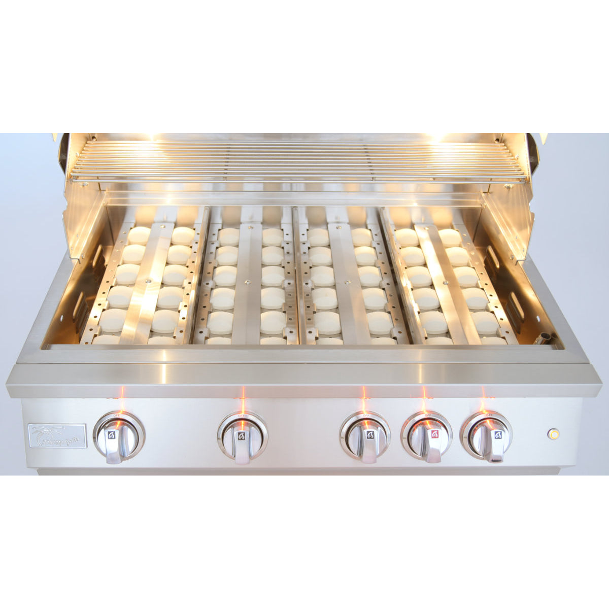 Kokomo 32" PRO grill with grates removed, showing flame tamers