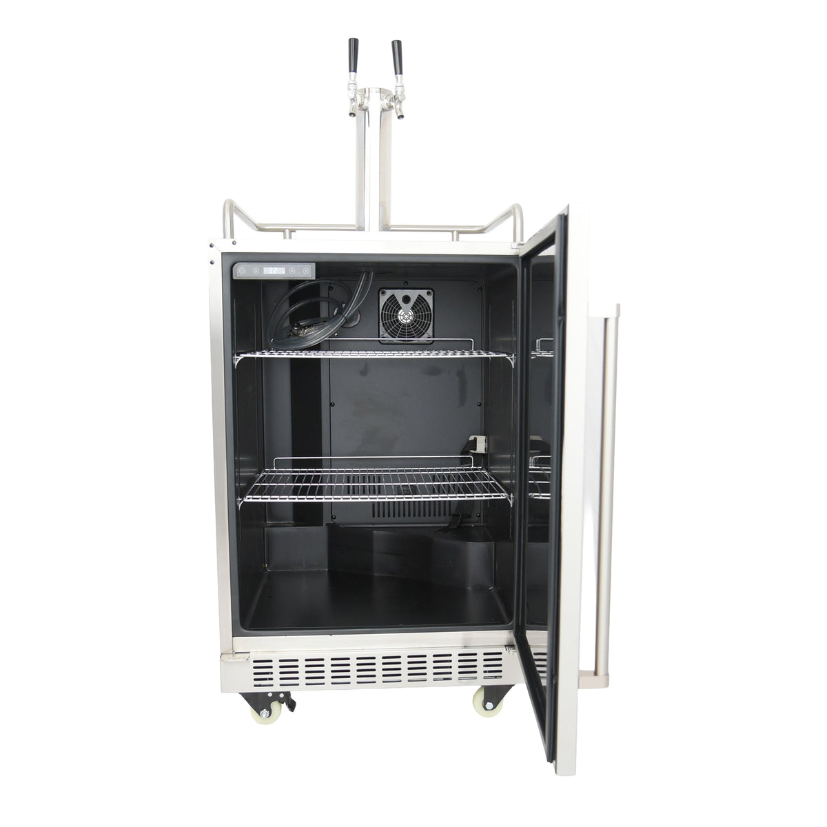 Kokomo 24" kegerator open with a keg inside