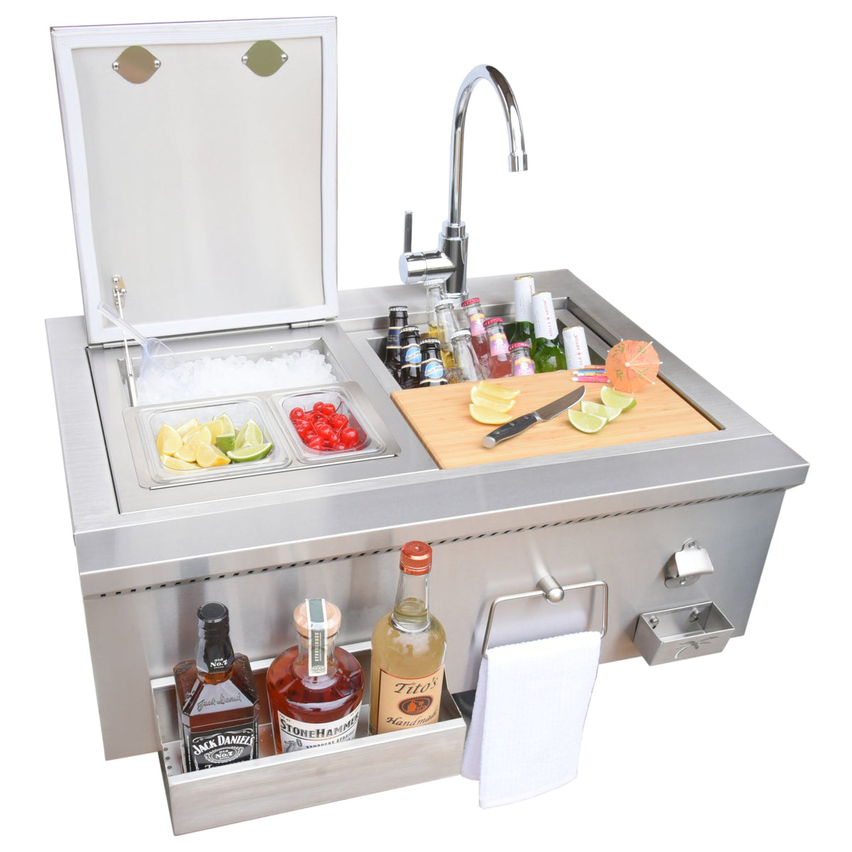 Kokomo 30" cocktail station set up with garnishes and bottles