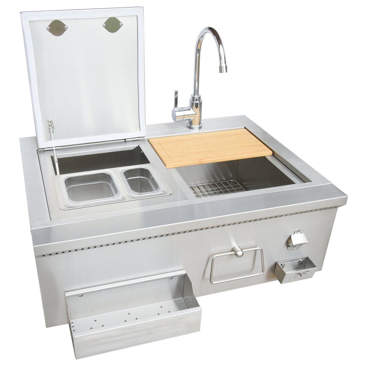 Kokomo 30" cocktail station with the ice chest lid open