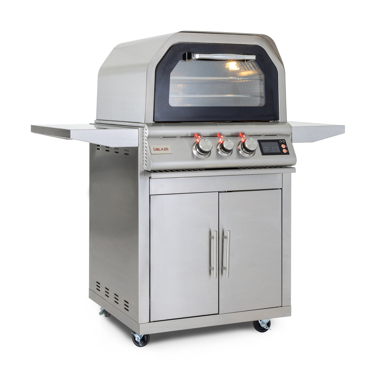 Blaze 26" gas outdoor oven on stainless cart, angled view