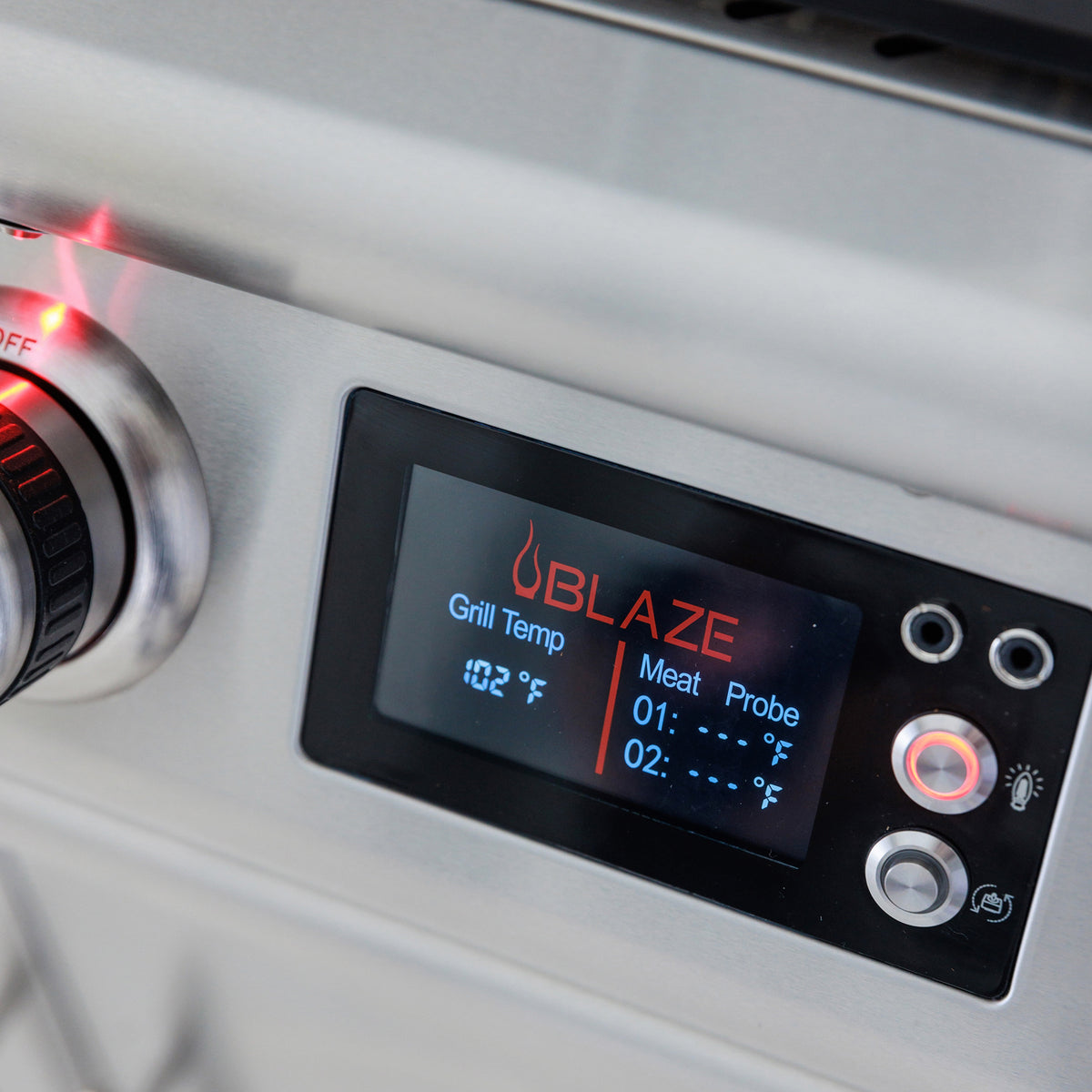 Blaze 26" outdoor oven control panel with LED-lit knobs, view 2