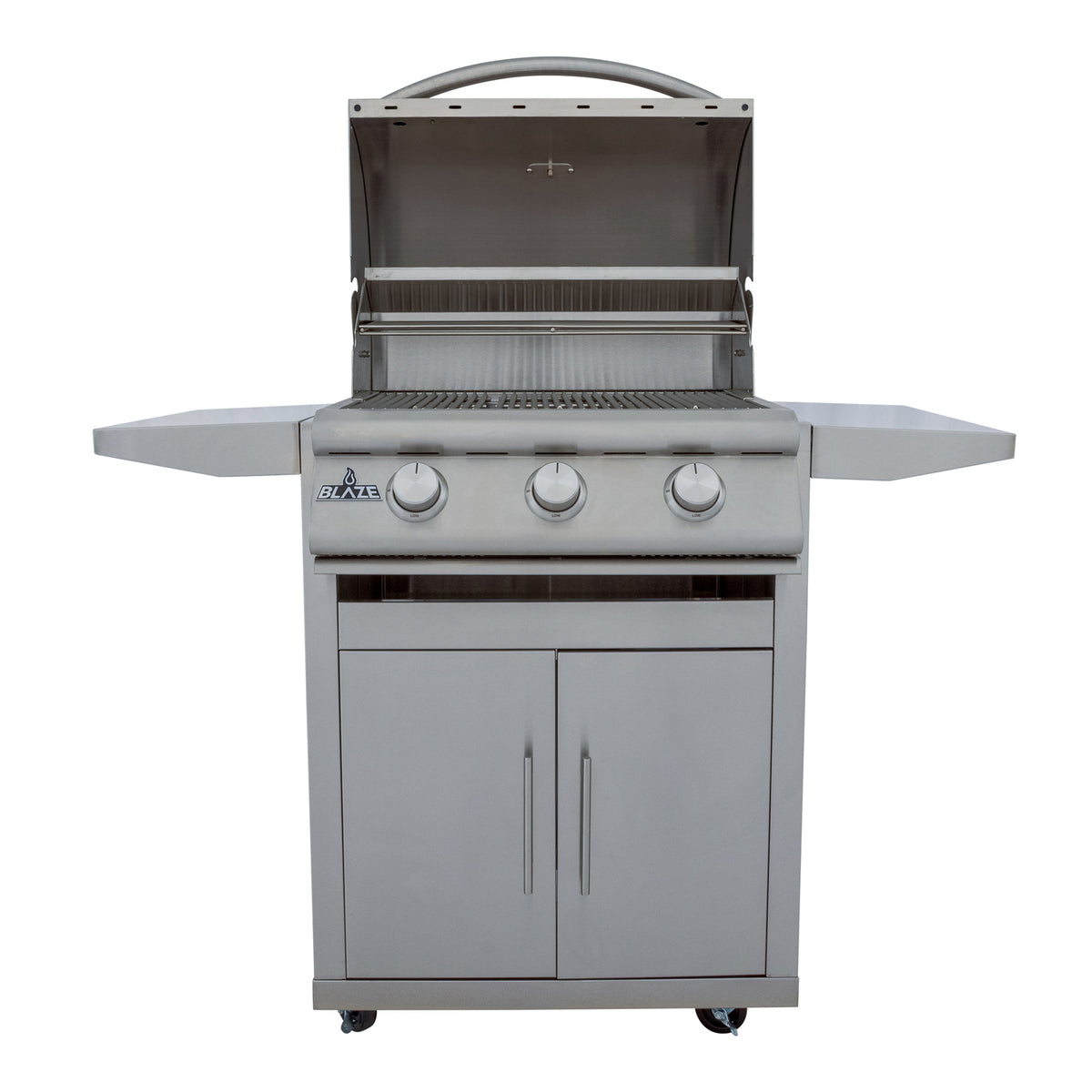 Blaze BCM 25" gas grill on stainless cart with hood open