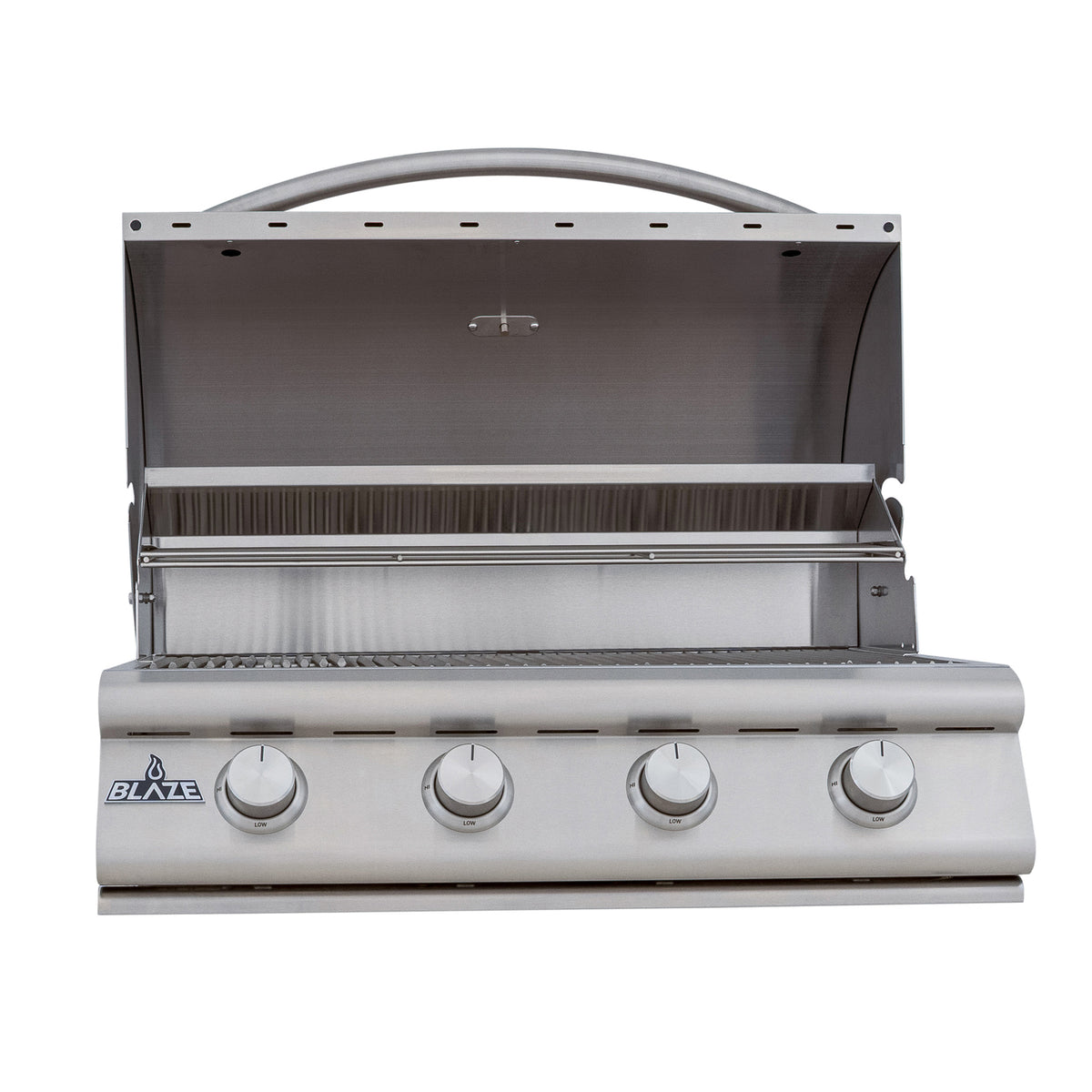 Blaze BCM 32" 4-burner gas grill head with hood open, front view