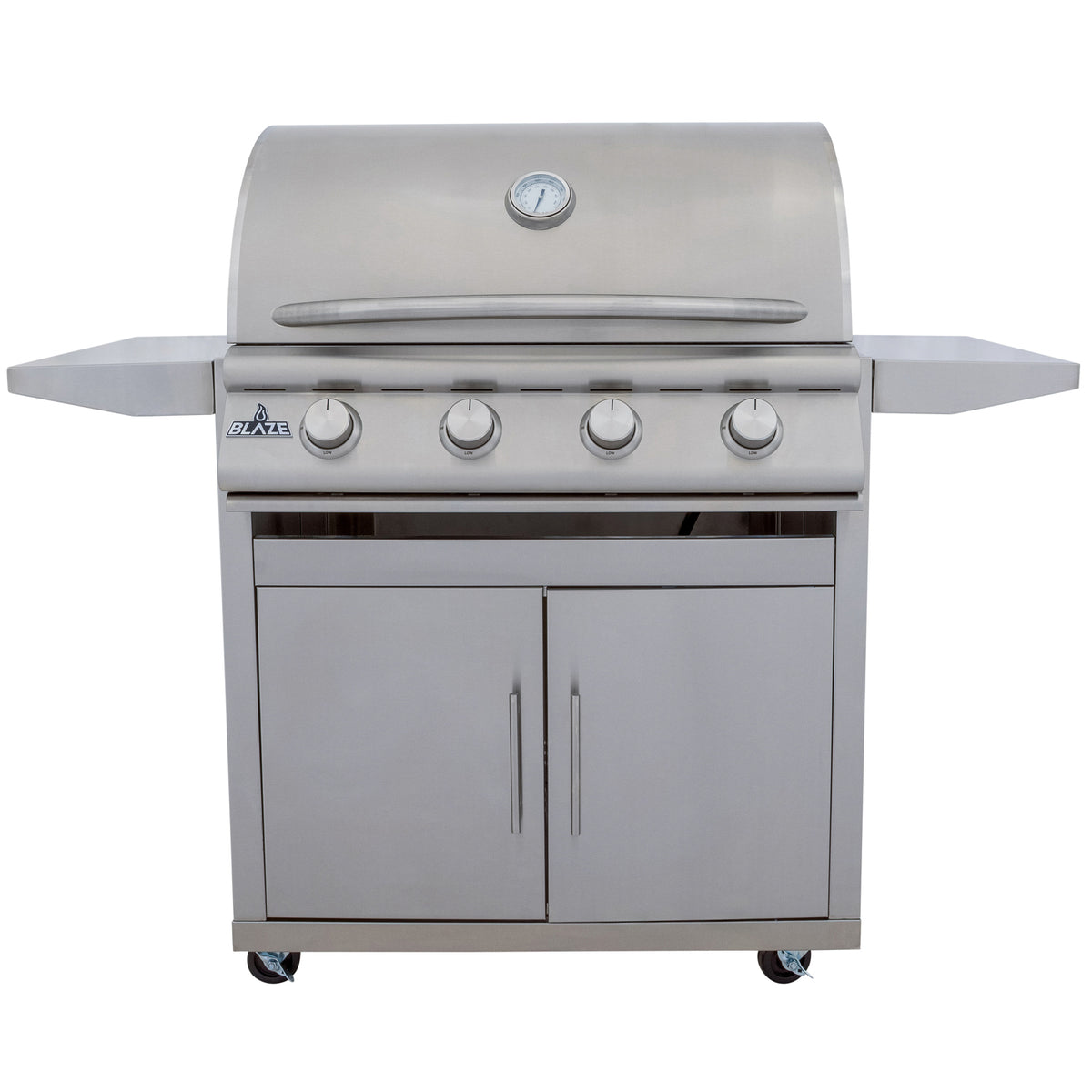 Blaze BCM 32" 4-burner gas grill on stainless cart, front view