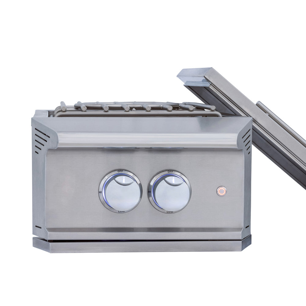 Blaze LTE PRO power burner with lid open, dual-ring burner