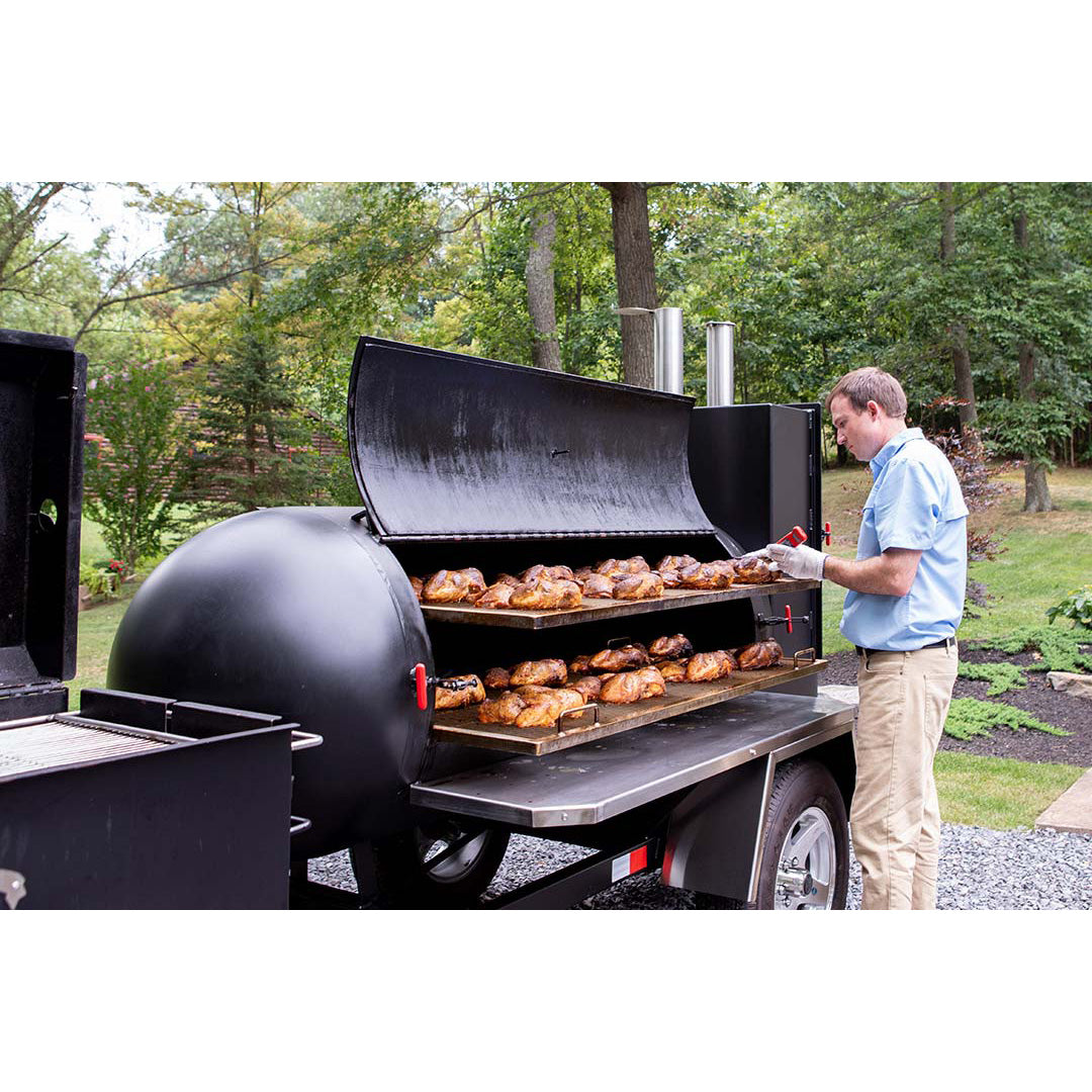 Barbecue Smoker Trailer Spatchcocked Chickens 31 Checking Temp on Top Grate