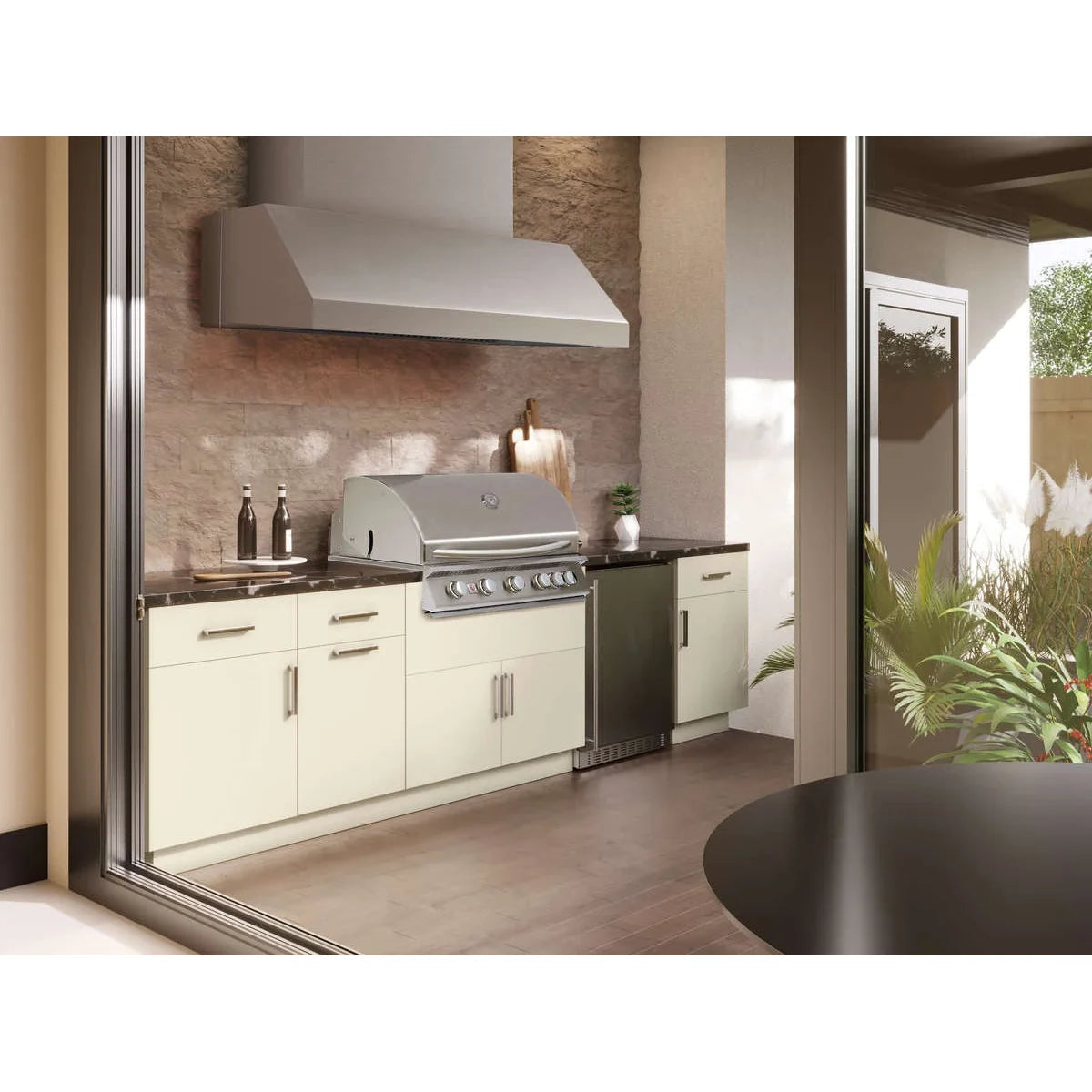 Summerset 22"–43" Telescopic Duct Cover for 36" Vent Hood installed in a covered outdoor kitchen