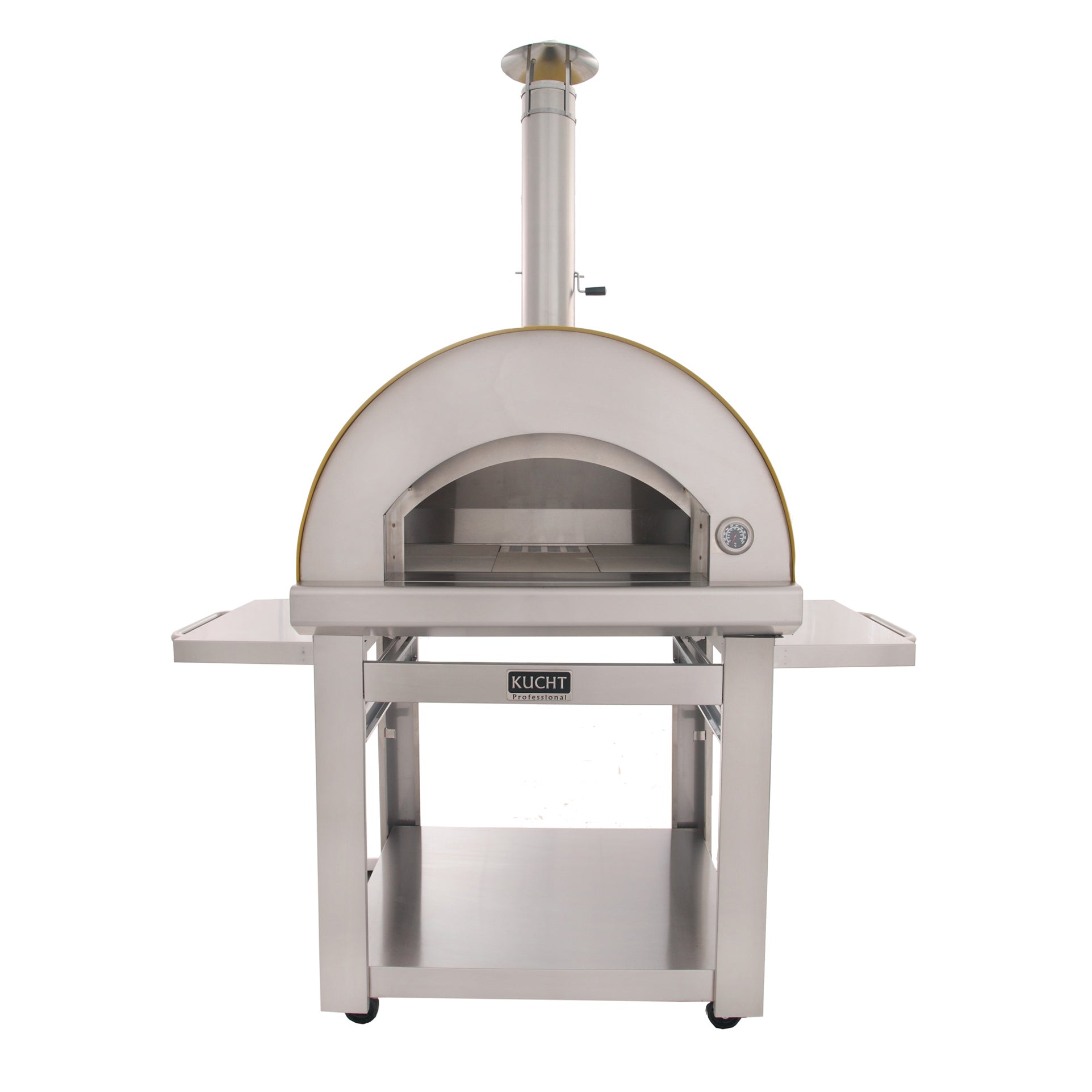 Kucht Venice Wood fire Pizza Oven yellow front view with side tables
