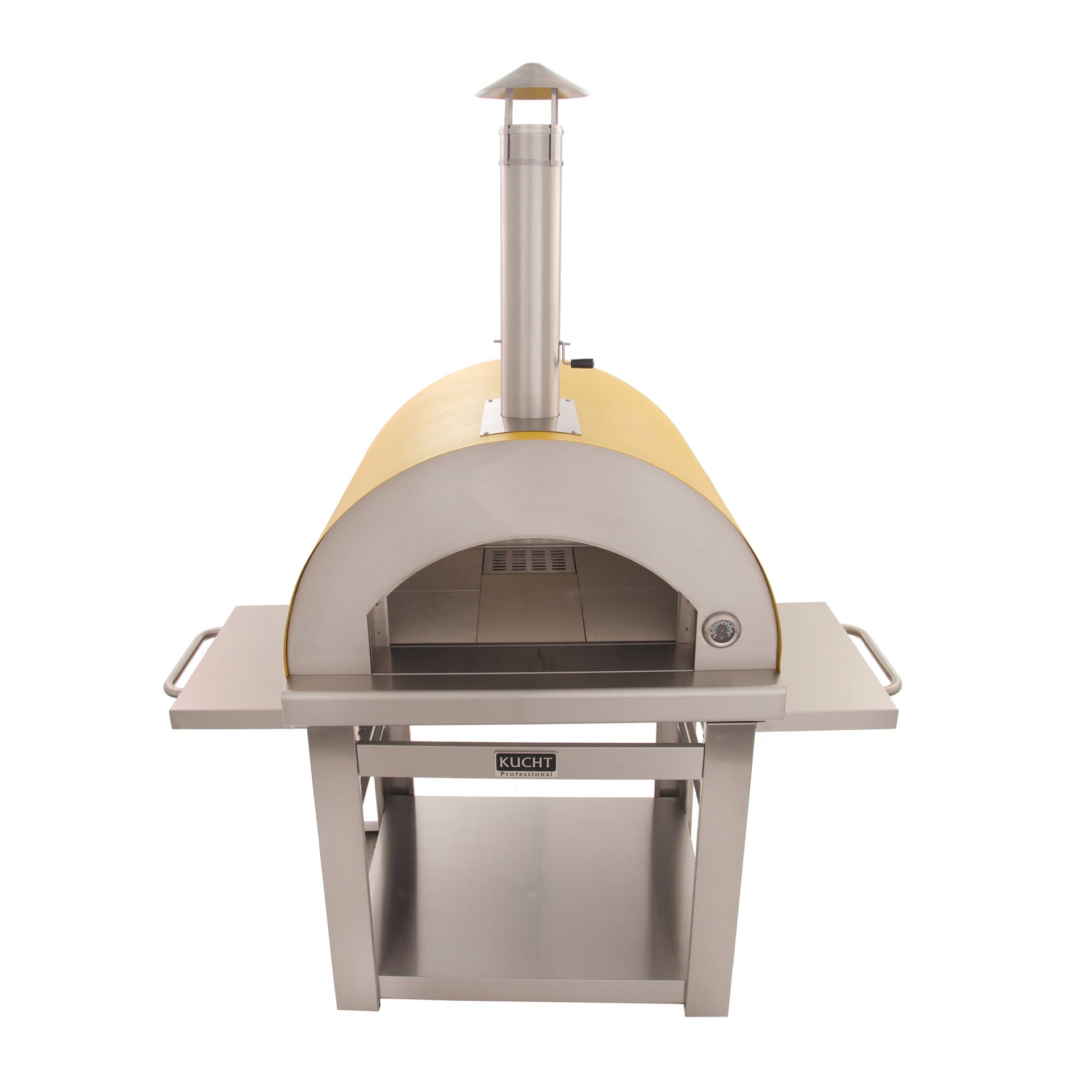 Kucht Venice Wood fire Pizza Oven yellow front view with side tables