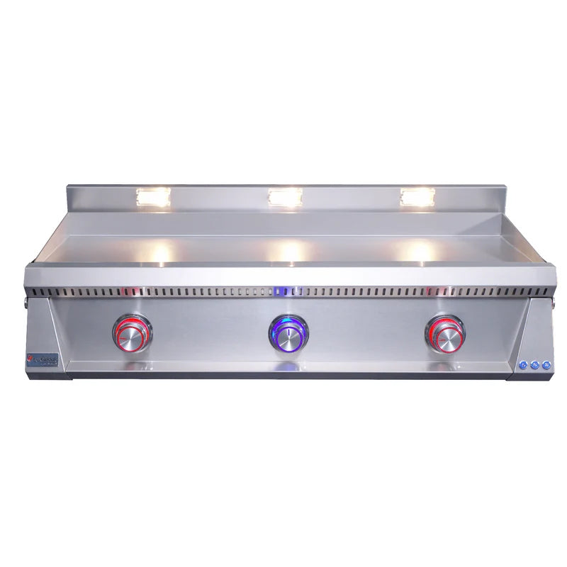 Le Griddle Pro Series 105 41" gas griddle (OML105P3) – red and blue LED control knobs lit