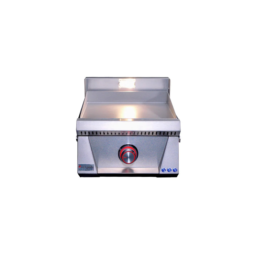 Le Griddle Pro Series 40 16" gas griddle (OML40P3) – front view with red LED knobs and halogen light on