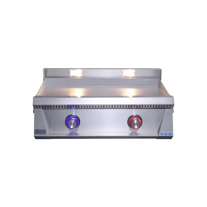 Le Griddle Pro Series 75 30" gas griddle (OML75P3) – red and blue LED control knobs lit