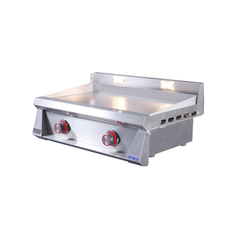 Le Griddle Pro Series 75 30" gas griddle (OML75P3) – side view with red LED knobs lit