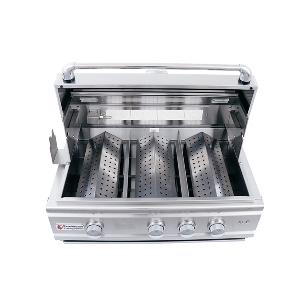 RCS Cutlass Pro 30 in Built In Gas Grill Front over head open no grates