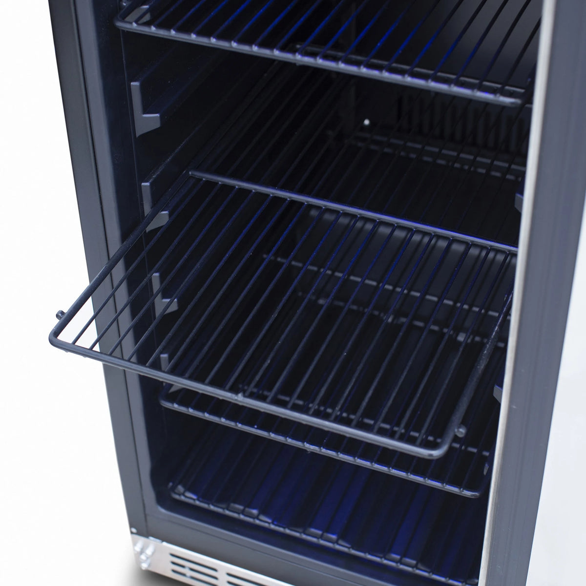Summerset 15" Outdoor Rated Refrigerator with Glass Door and Stainless Steel Handle, with the door open showing the shelves