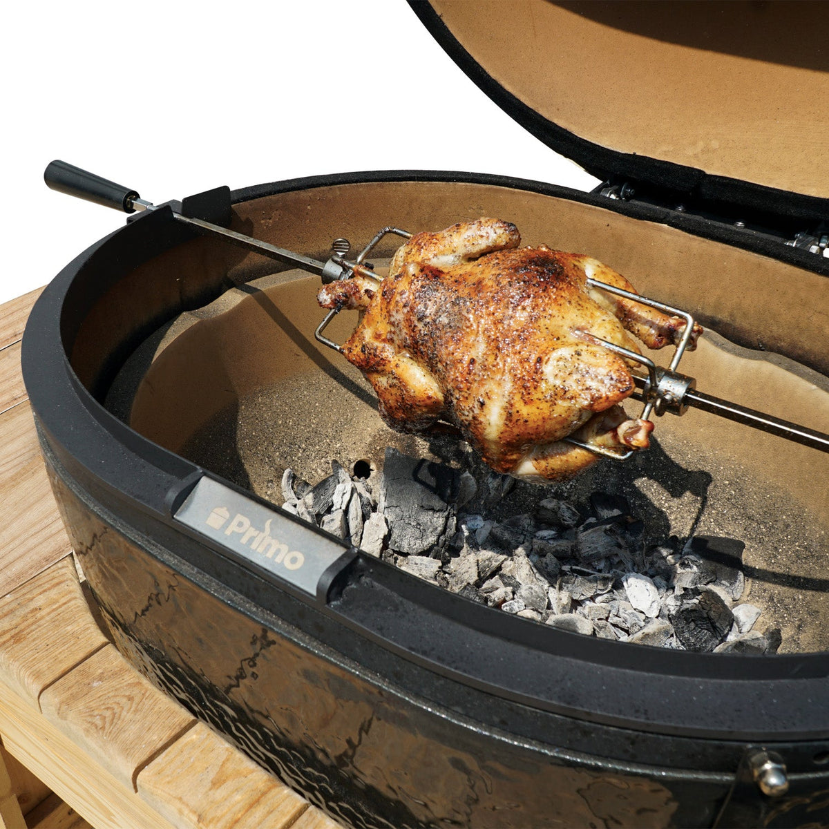 Primo rotisserie kit mounted on a Primo grill