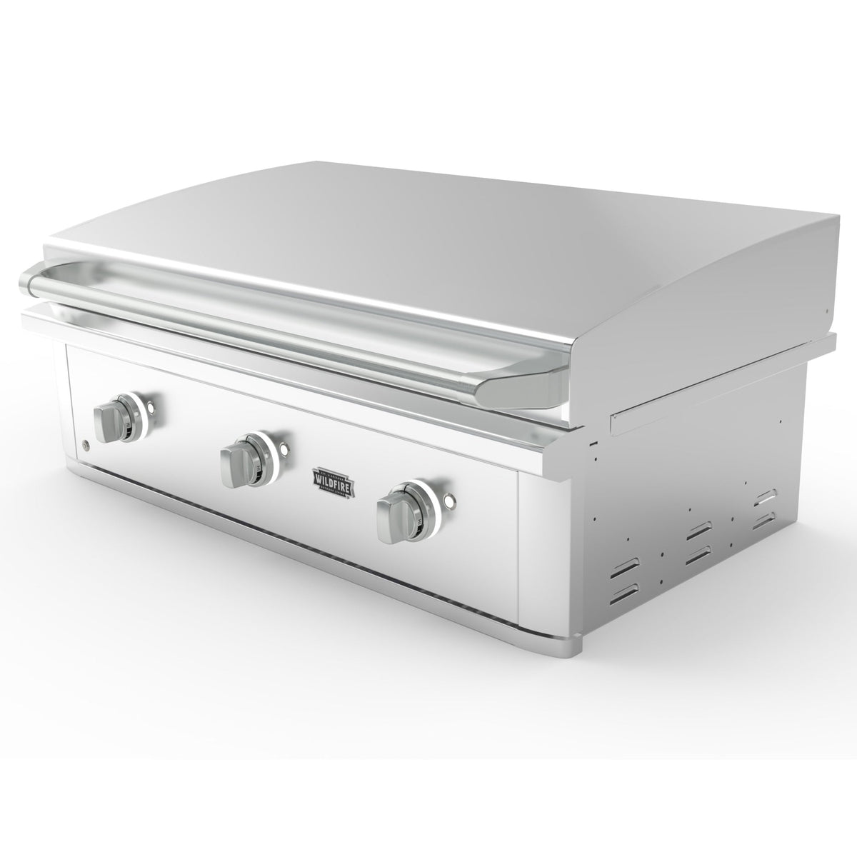 Wildfire Ranch Pro 42" built-in gas griddle, stainless steel, angled view with hood