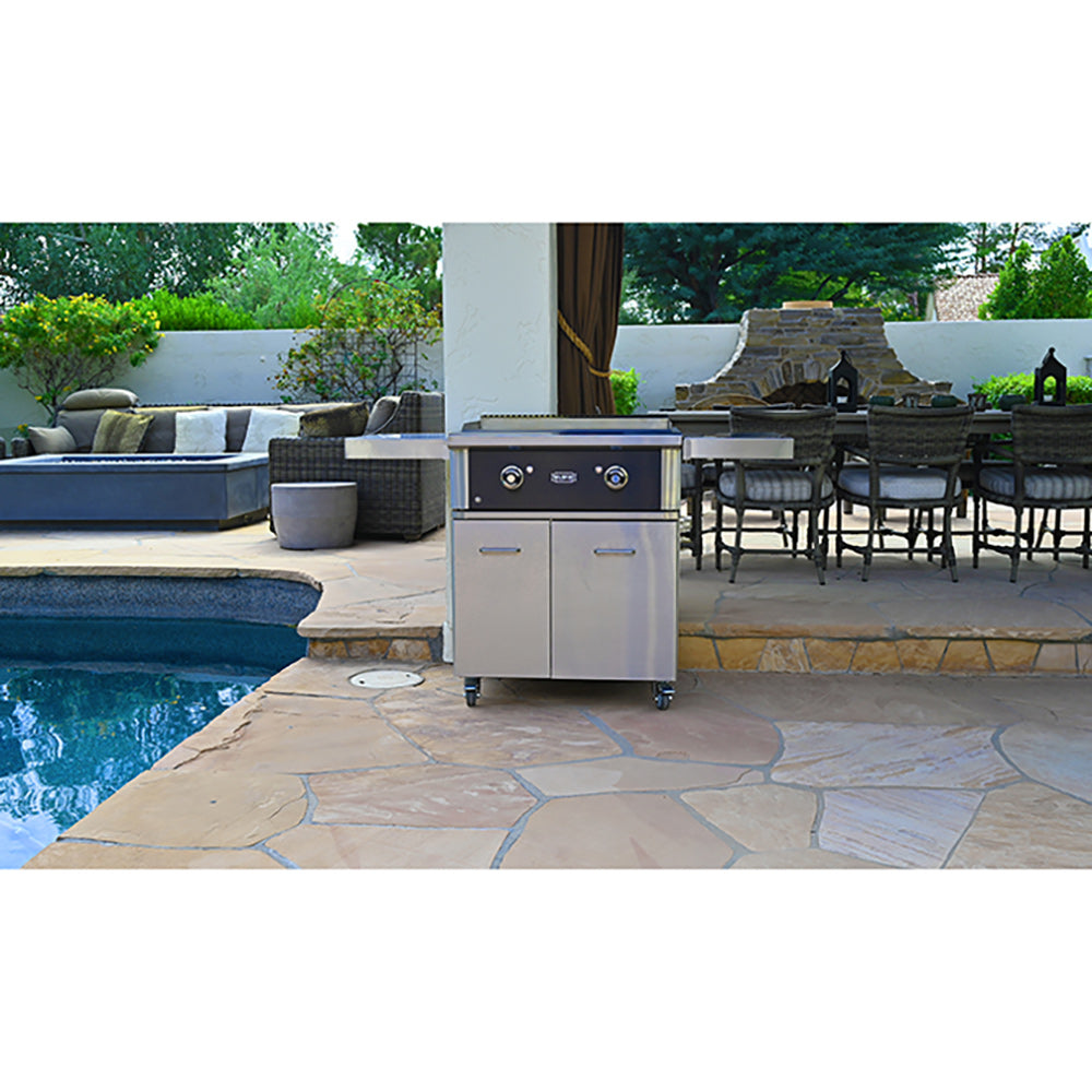 Wildfire Outdoor Living The Ranch Pro 30 inch Griddle Free Standing Cart Lifestyle by pool front