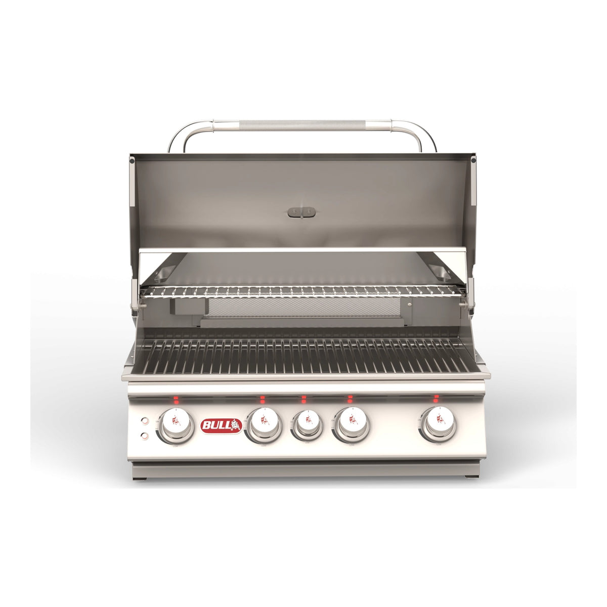 Bull Angus 30" 4-Burner Built-In Gas Grill – next-generation design, lid open, front view