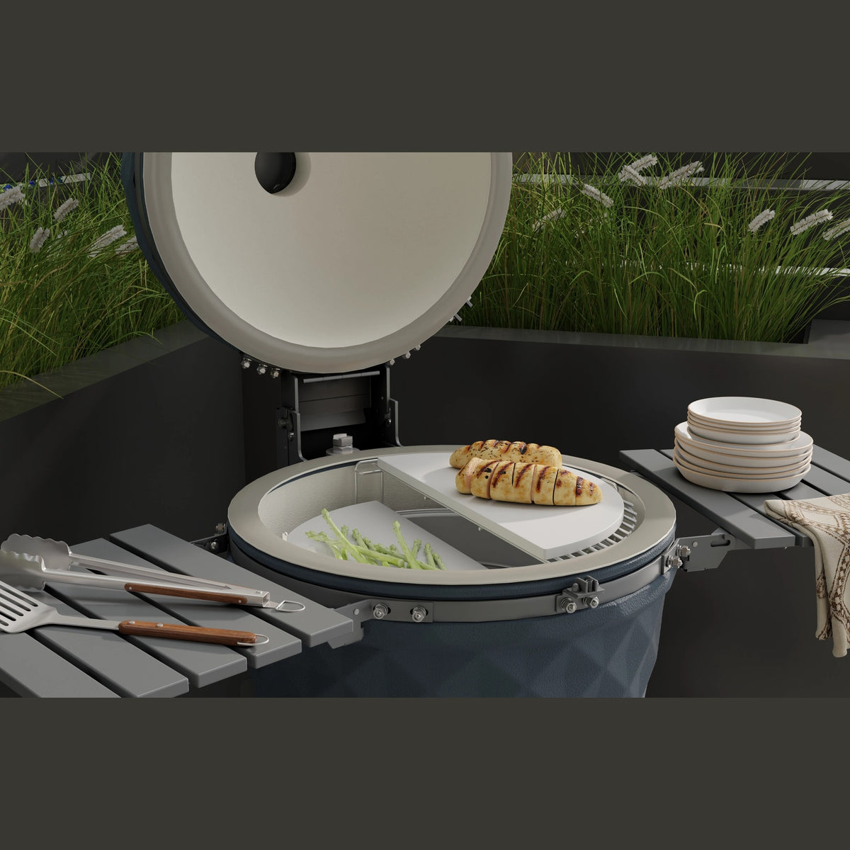 Bull Blackhorn 24" Kamado Axis cooking grate with food